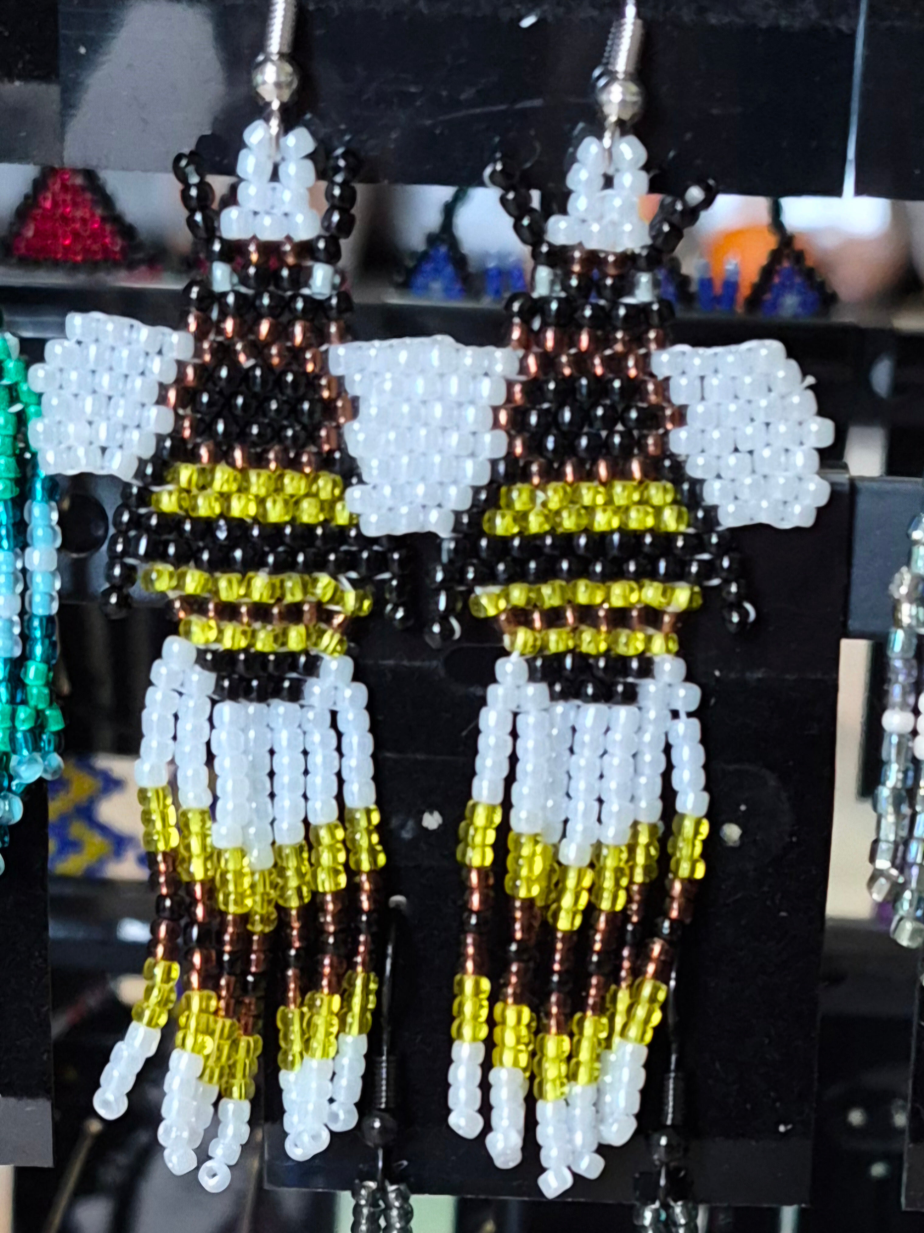 Beaded bee dangle earrings